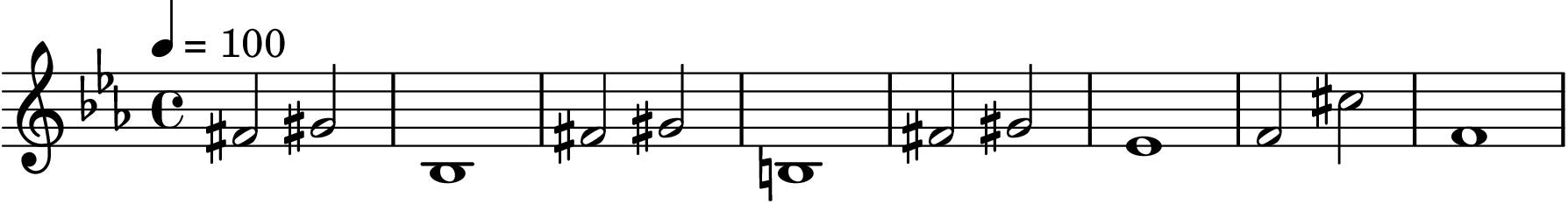 \version "2.20.0"
\score {
<<
\new Staff {
\set Staff.midiInstrument = "oboe"
\time 4/4
\tempo 4 = 100
\key c \minor
fis'2 gis' bes1
fis'2 gis' b1
fis'2 gis' ees'1
f'2 cis'' f'1
}
>>
\midi {}
\layout {}
}