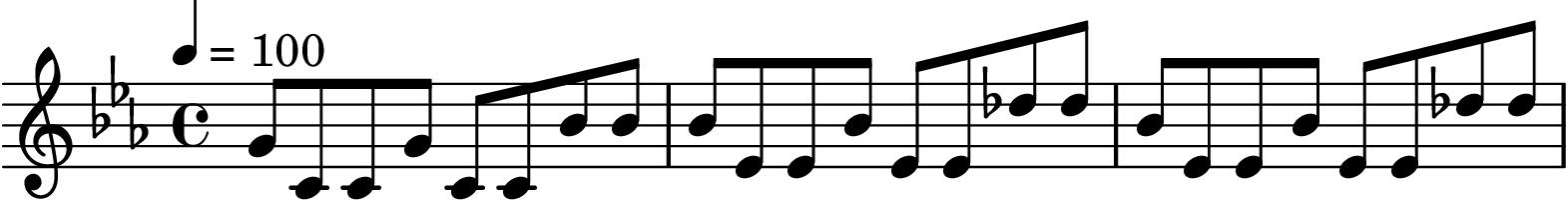 \version "2.20.0"
% pattern = { g'8 c'16 c'16 c'8 g'8 r16 c'16 c'16 c'16 bes'8 bes'8 }
pattern = { g'8 c'8 c'8 g'8 c'8 c'8 bes'8 bes'8 }
\score {
<<
\new Staff {
\set Staff.midiInstrument = "celesta"
\time 4/4
\tempo 4 = 100
\key c \minor
\pattern
\transpose c ees { \pattern }
\transpose c ees { \pattern }
}
>>
\midi {}
\layout {}
}